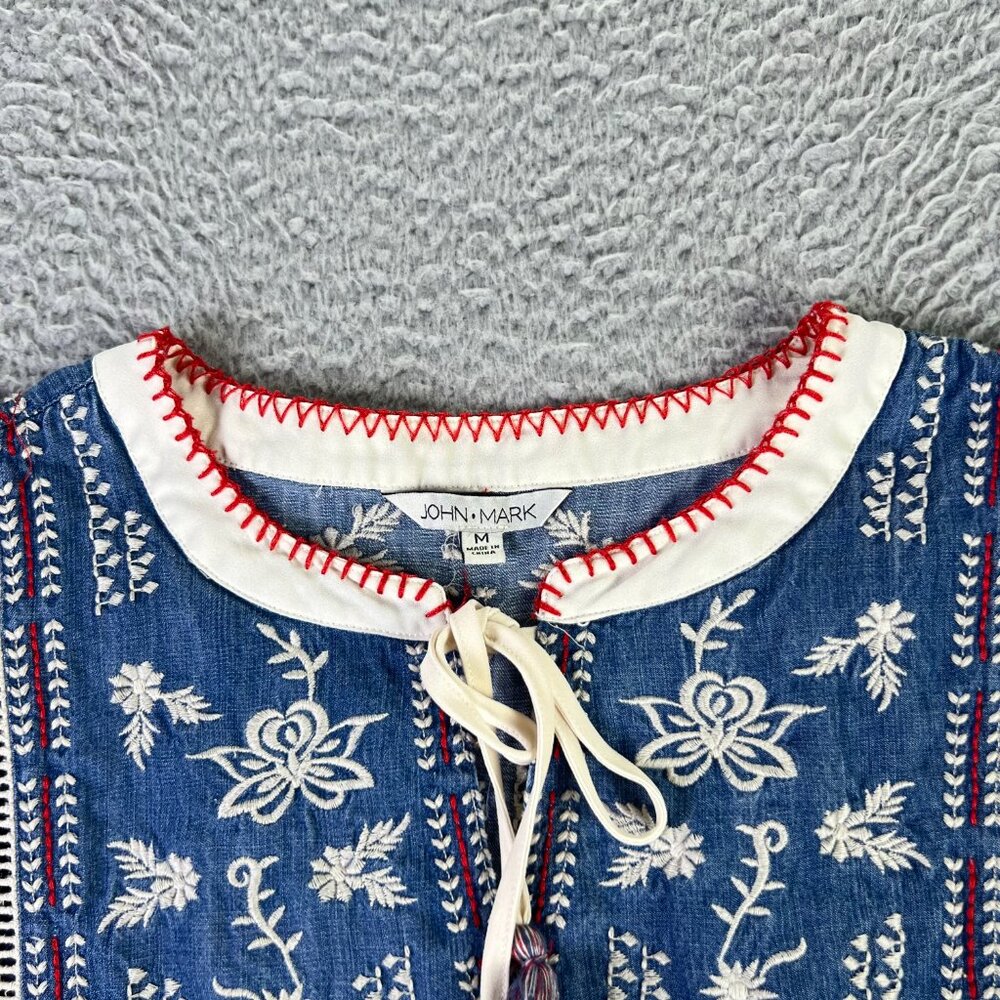 John Mark Top Womens M Blue Floral Embroidered Split V-Neck Tassel Tie Blouse - Picture 9 of 9